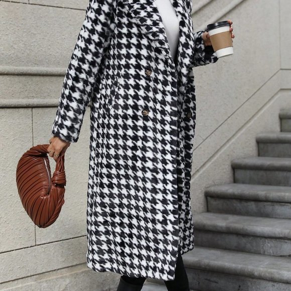 Black & White Preppy womens Houndstooth Print Double Breasted Lapel Neck Coat - Picture 3 of 5